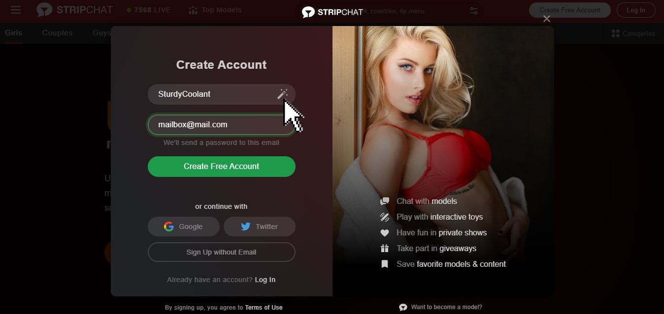StripChat criar nome de usuário