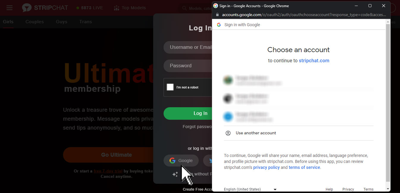 StripChat Login con Gmail