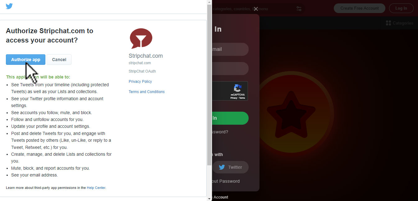 StripChat Login with twitter