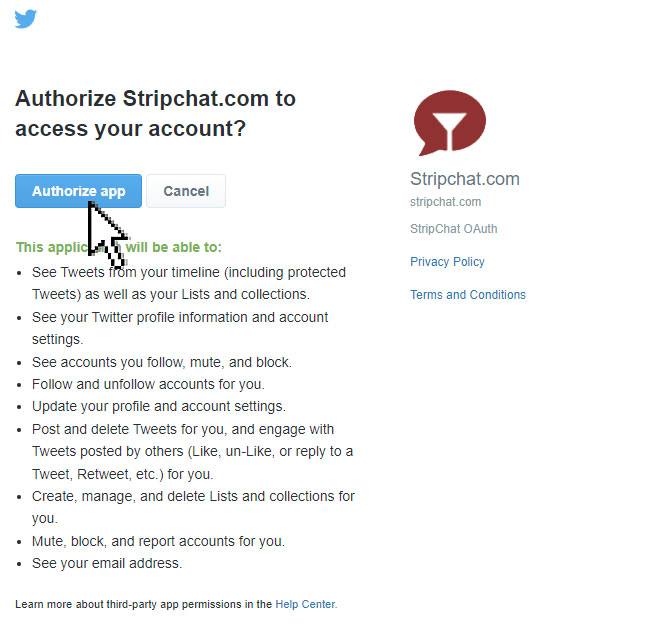 Autorizar o aplicativo Stripchat no Twitter